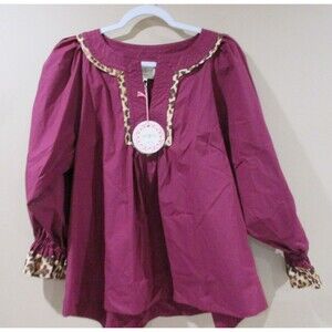 NWT UMGEE Blouse Boho Women Small Burgundy Leopard Trim Long Sleeve MSRP 59.00